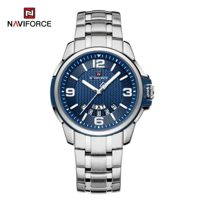 NAVIFORCE 9215 Men Wristwatch Top Brand Luxury Waterproof Watch Original Stainless Steel Sport Military Quartz Male Clock - Silver Blue